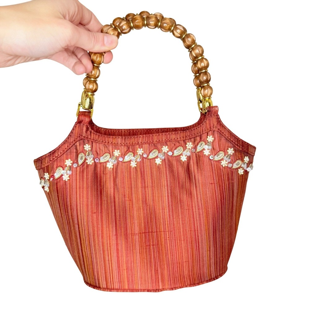 VTG Talbots Mini Bag Bucket Purse Y2K Beaded Handles Handbag Orange Pink